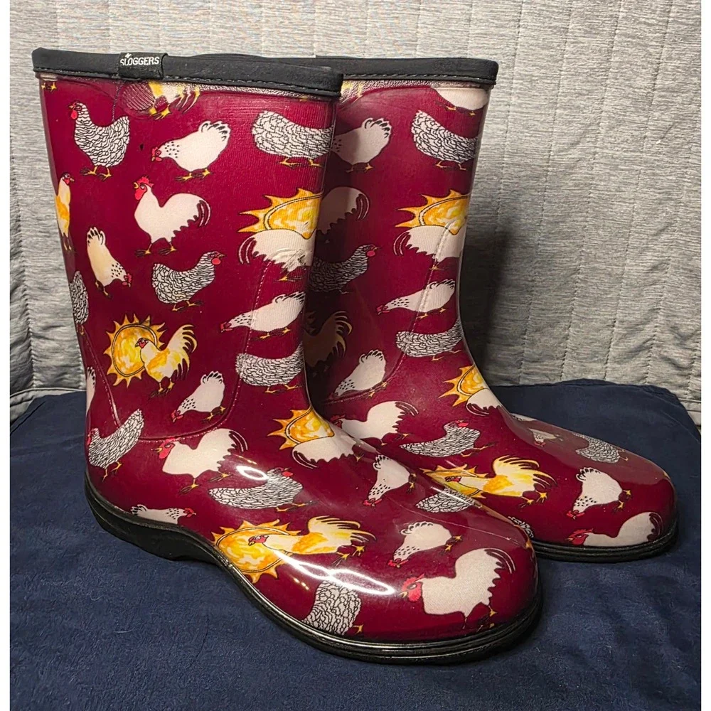 633 Sloggers Womens 9 Rain Garden Boots Chicken Rooster Print Burgundy MadeinUSA
